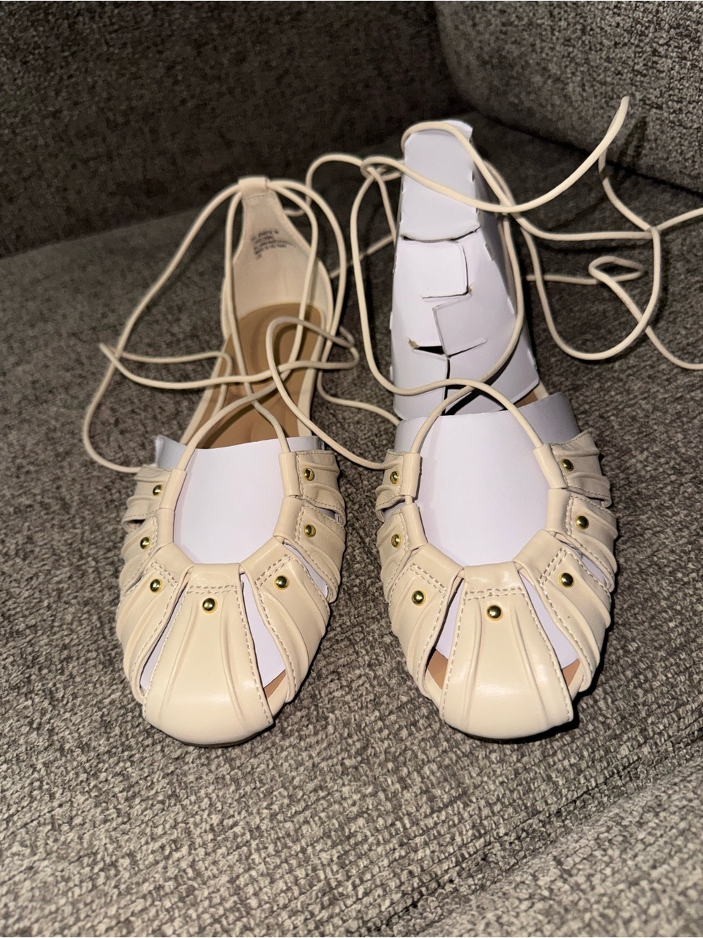 INC International Concepts Cream Lace-Up Cutout Flats